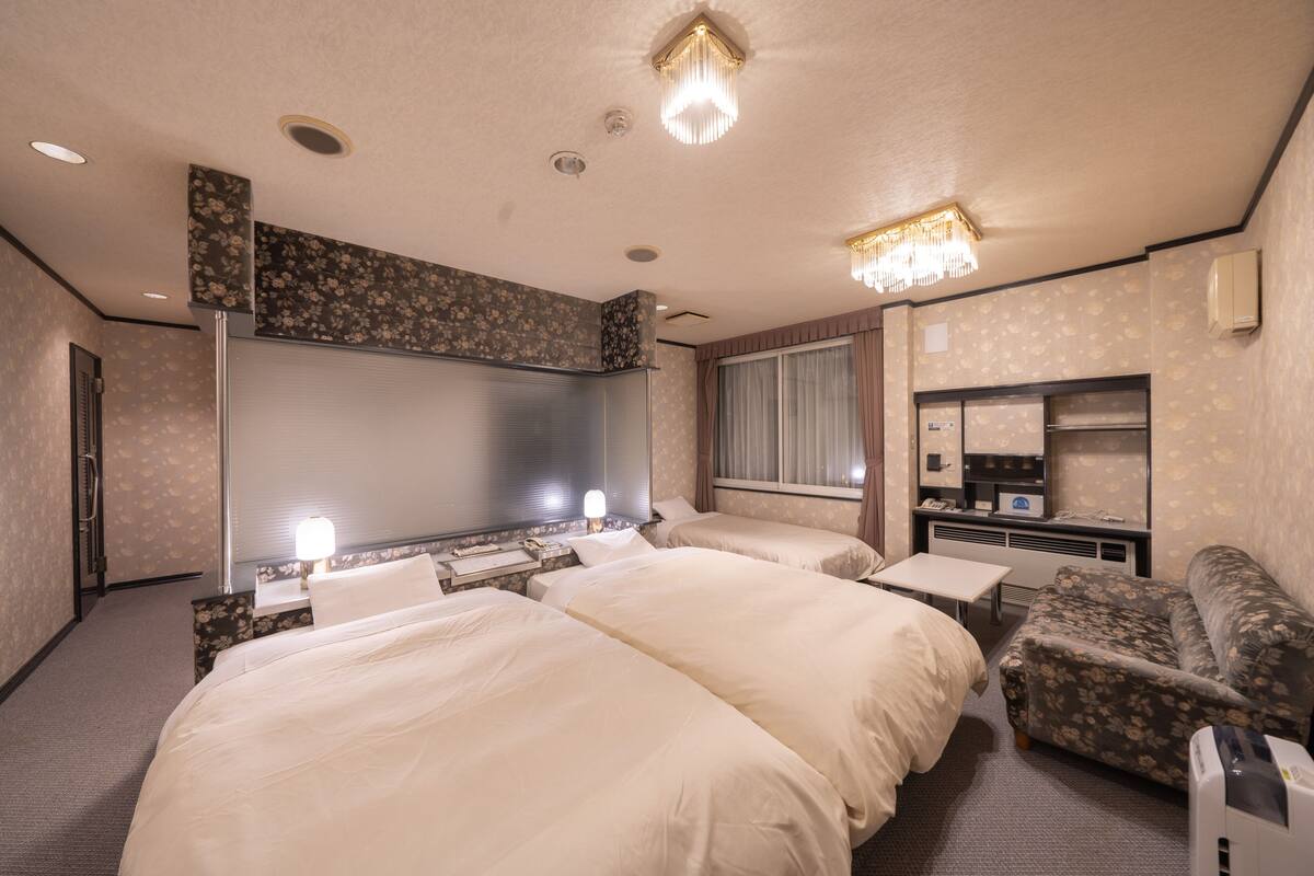 Ein Hotelzimmer mit zwei Betten, einem Schlafsofa, einem Fernseher, einem Schreibtisch und einem Spiegel.
