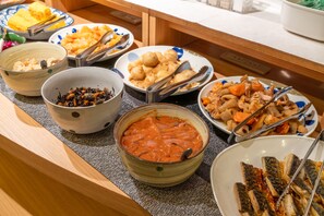 A buffet table with various dishes including seafood, vegetables, and rice. - Hotel Liberte Asahikawa (Asahikawa)