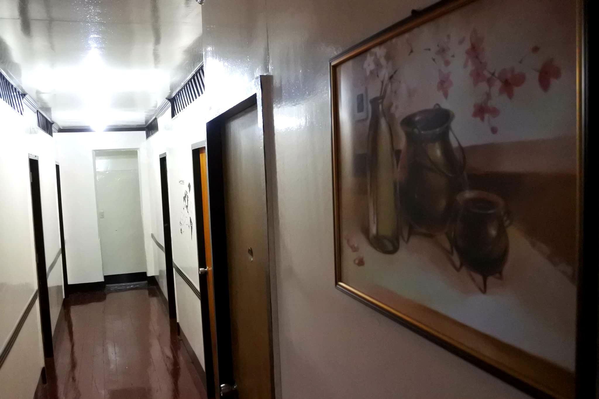 Un couloir avec des portes de part et d’autre, une œuvre d’art encadrée sur le mur de droite et un luminaire au plafond.