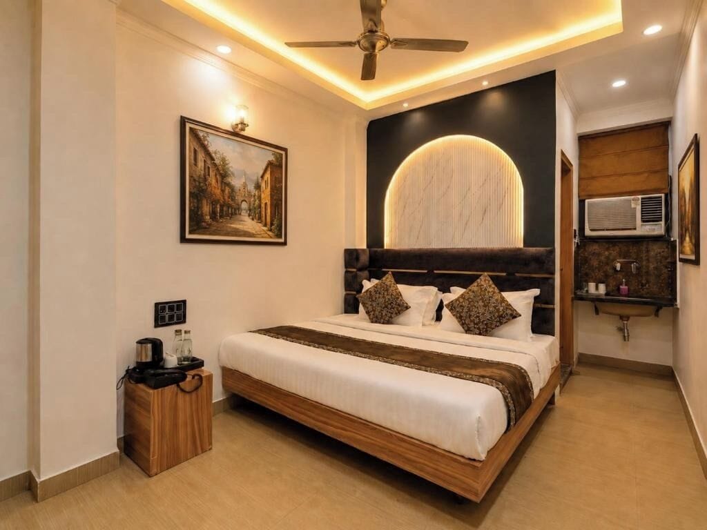 Quarto casal luxo | Roupas de cama premium, escrivaninha, espaço de trabalho para notebook