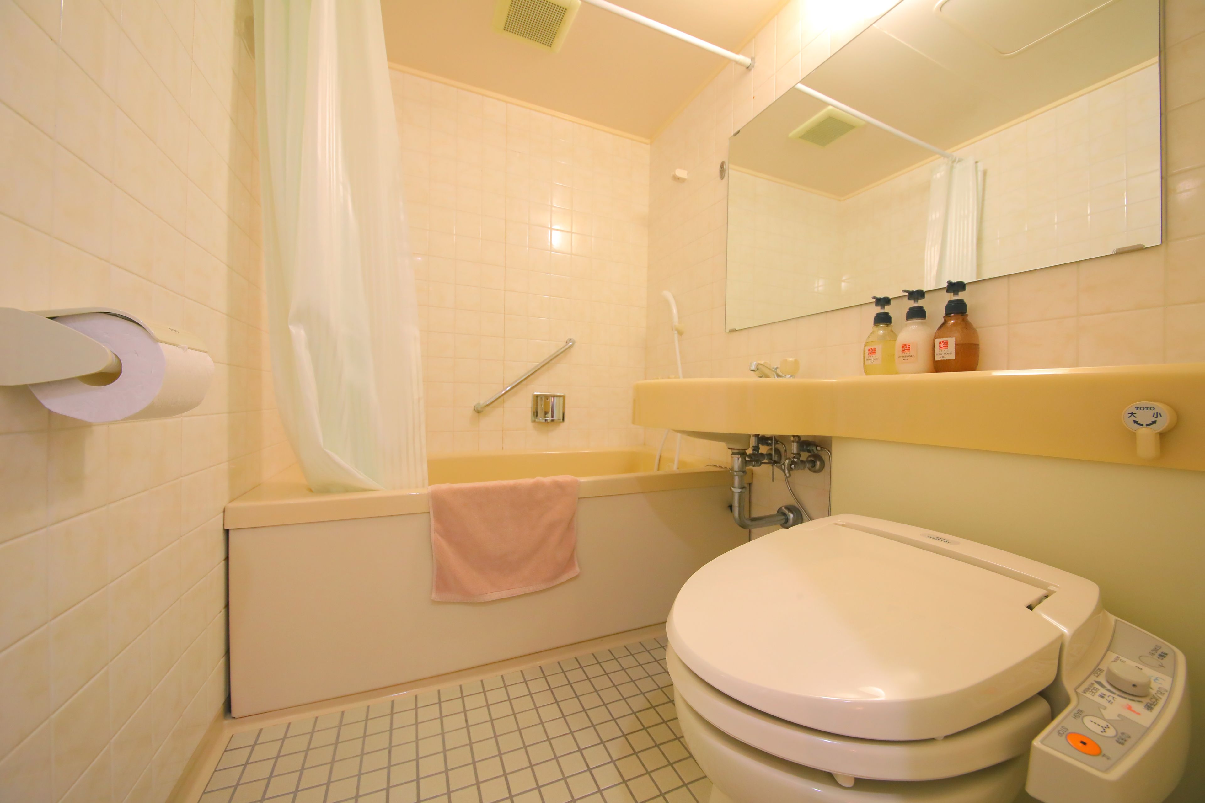 combined shower/bathtub, free toiletries, hair dryer, slippers