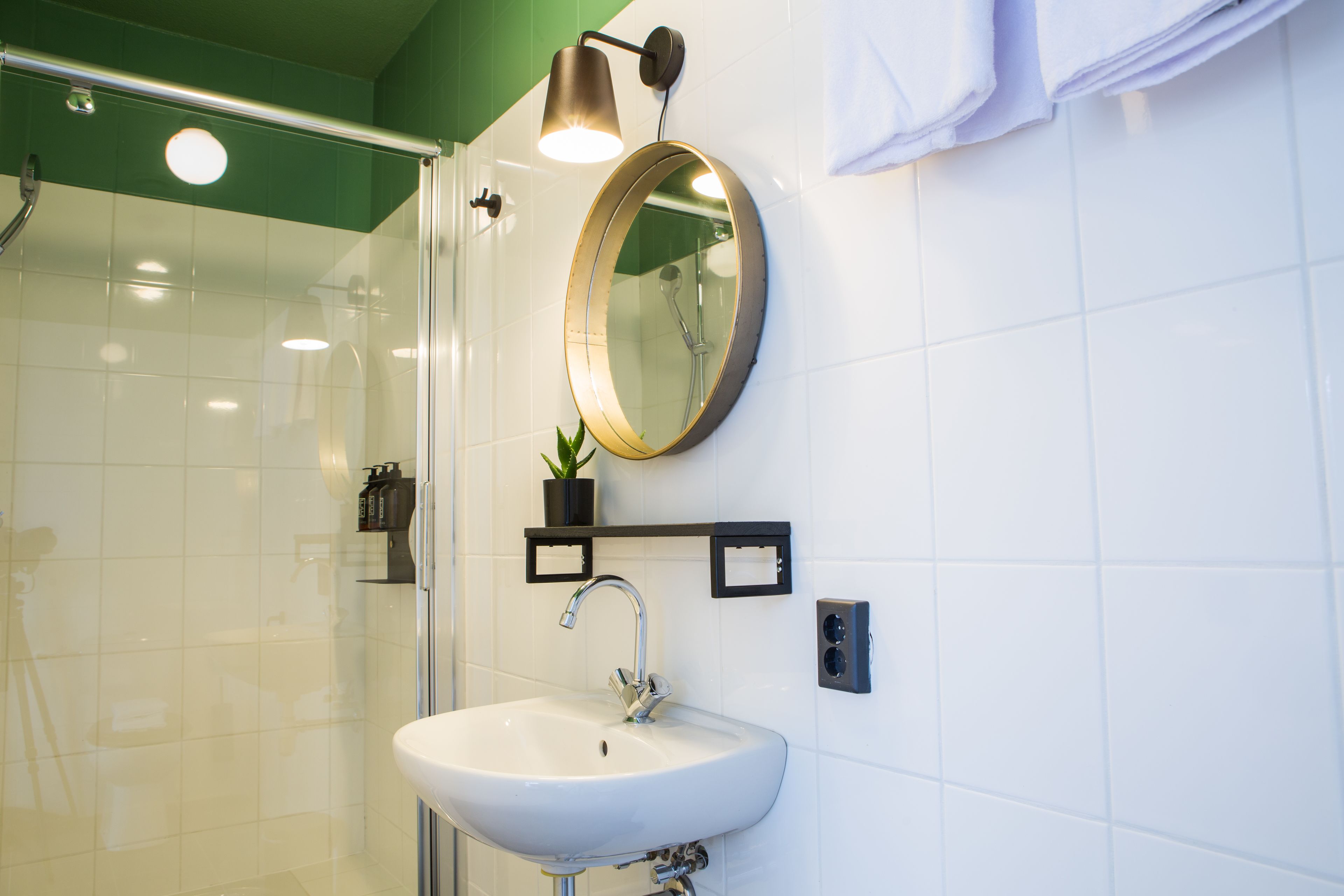A bathroom with a glass shower enclosure, a white sink with a modern faucet, a round mirror, and a small potted plant on a shelf.