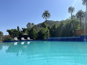 A clear blue pool with lounge chairs and a gazebo, surrounded by palm trees and greenery. - Achal Resort (Abu Road)