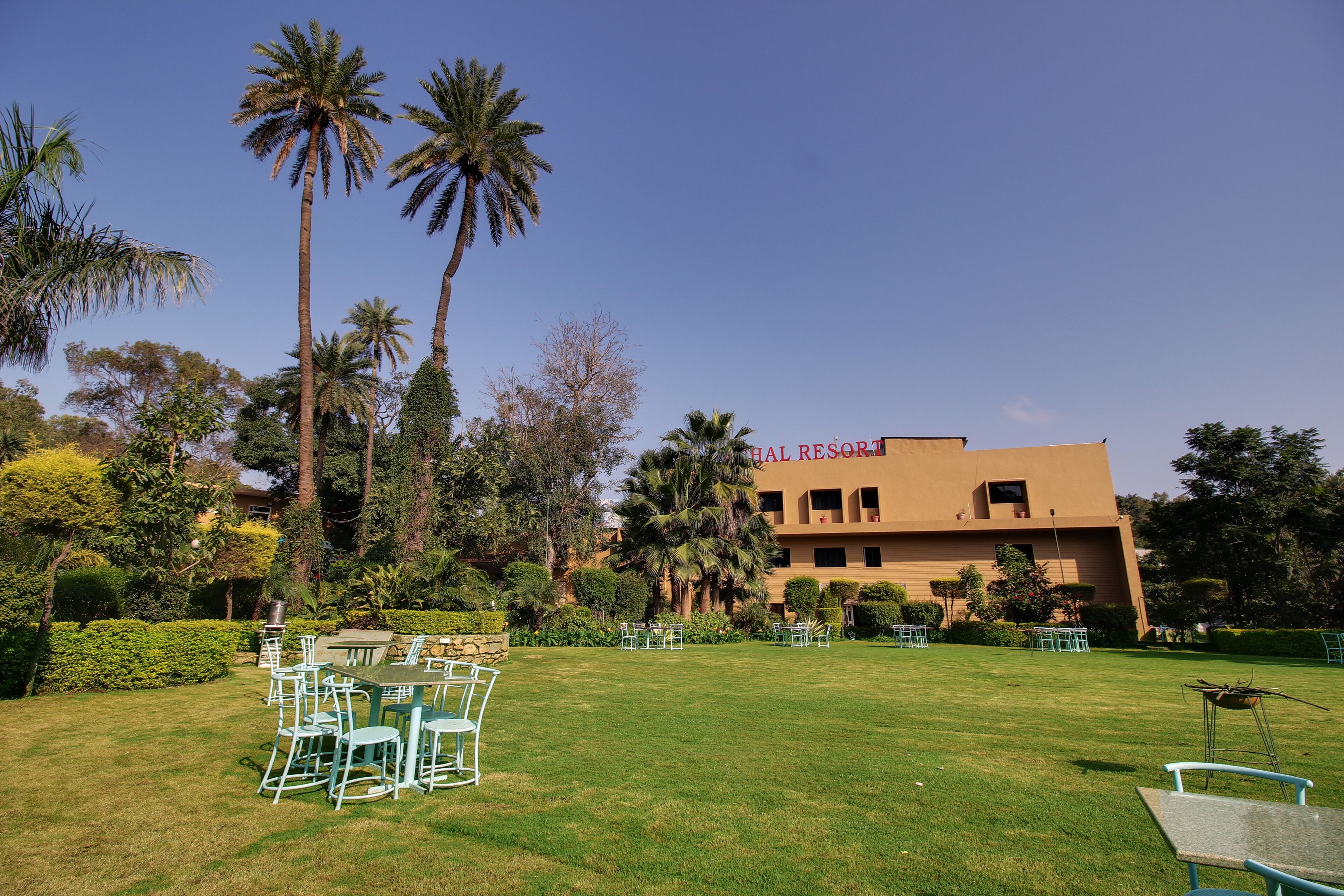 A hotel with a lawn area, outdoor seating, and palm trees.
