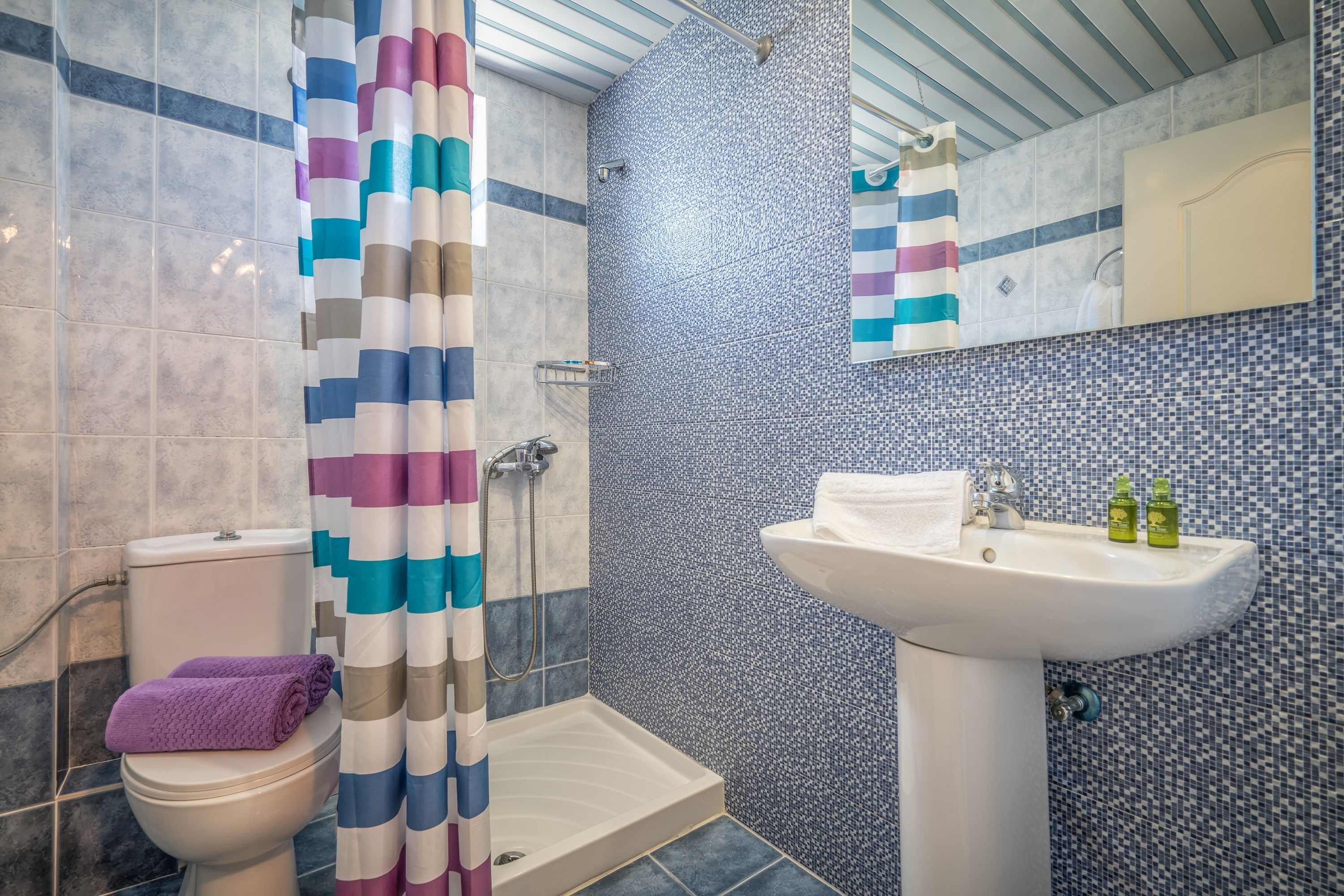 A bathroom with a shower, toilet, and sink.