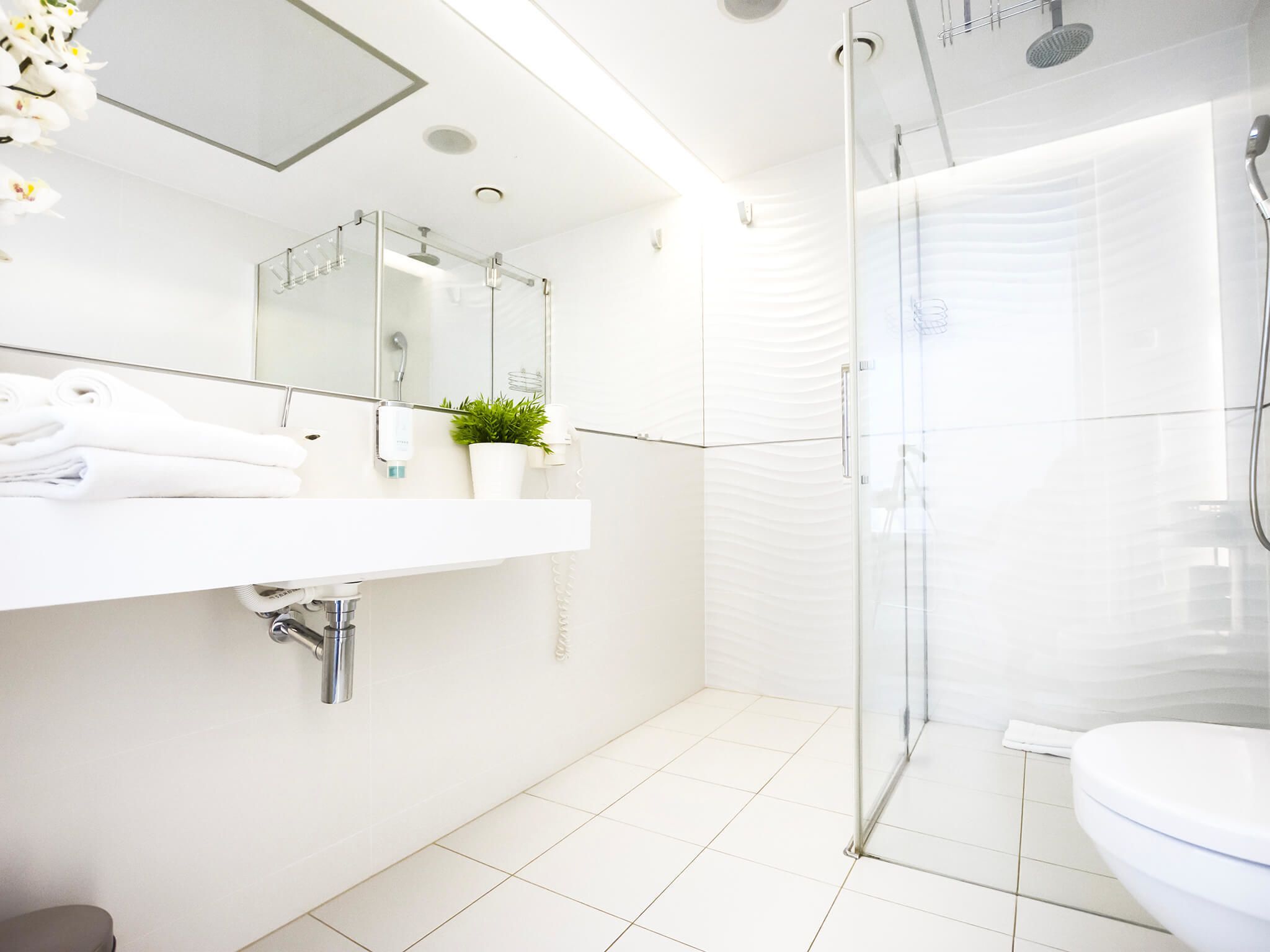 A modern bathroom with a glass shower enclosure, a white sink with a mirror, and a toilet.