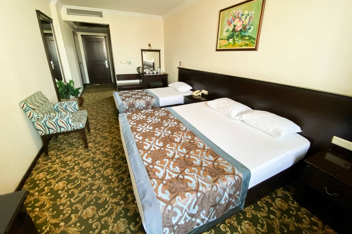 Habitación de hotel con dos camas, un escritorio, una silla, un cuadro y una alfombra estampada.