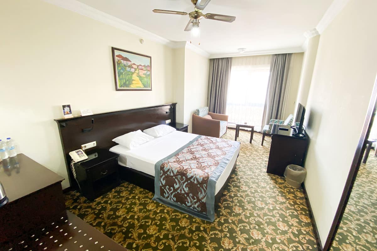 Una habitación de hotel con cama, escritorio, silla, televisor y ventilador de techo.