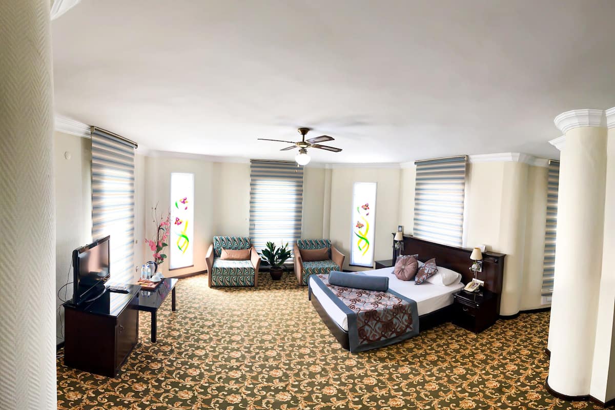 Una habitación de hotel con una cama, dos sillones, un escritorio con televisor y un ventilador de techo.