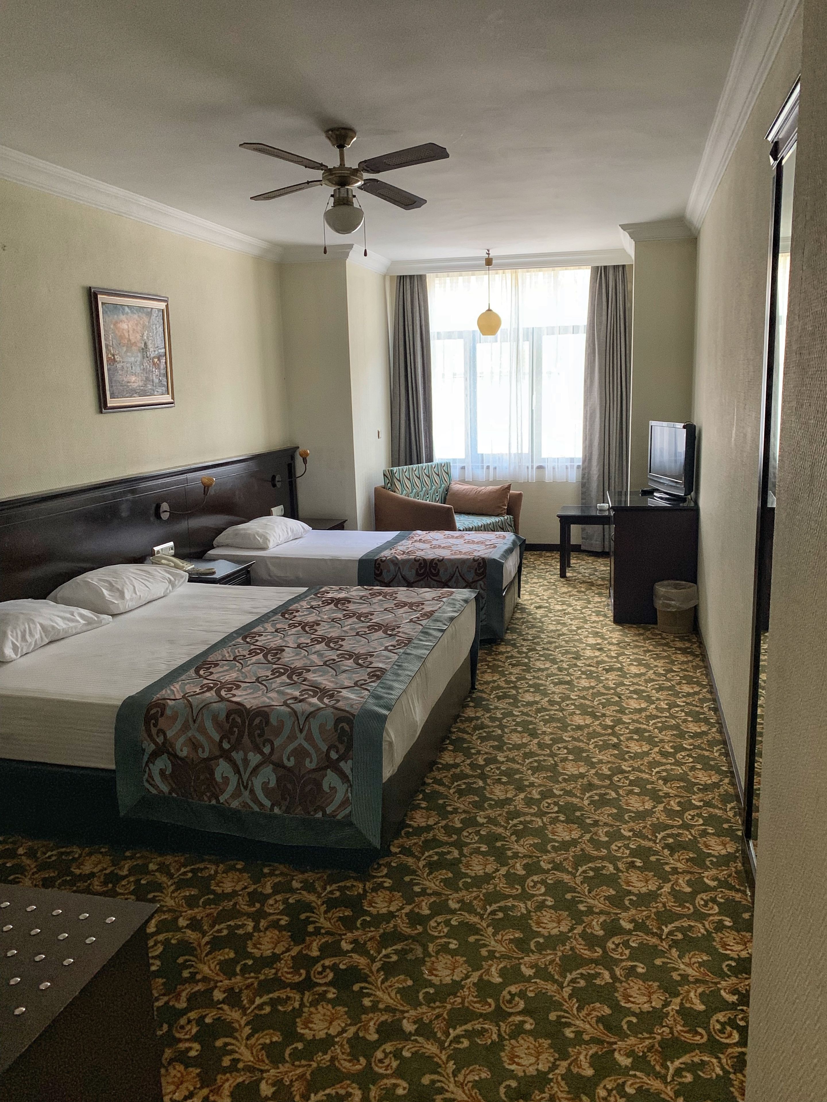 A hotel room with two beds, a ceiling fan, a television, and a patterned carpet.