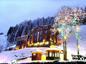 Un edificio grande de varios pisos con una entrada destacada y una estructura pequeña adyacente, rodeado de árboles cubiertos de nieve y un cielo despejado.