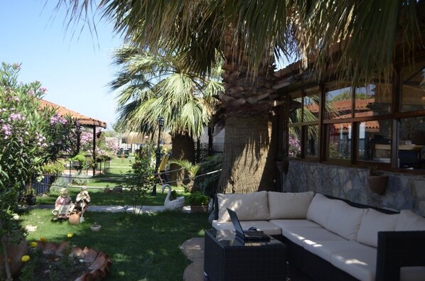 Un espace patio aménagé avec un canapé et un ordinateur portable, entouré de palmiers et d’un jardin.