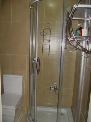 Une cabine de douche fermée par des parois en verre, avec des toilettes et une étagère contenant des articles de toilette.