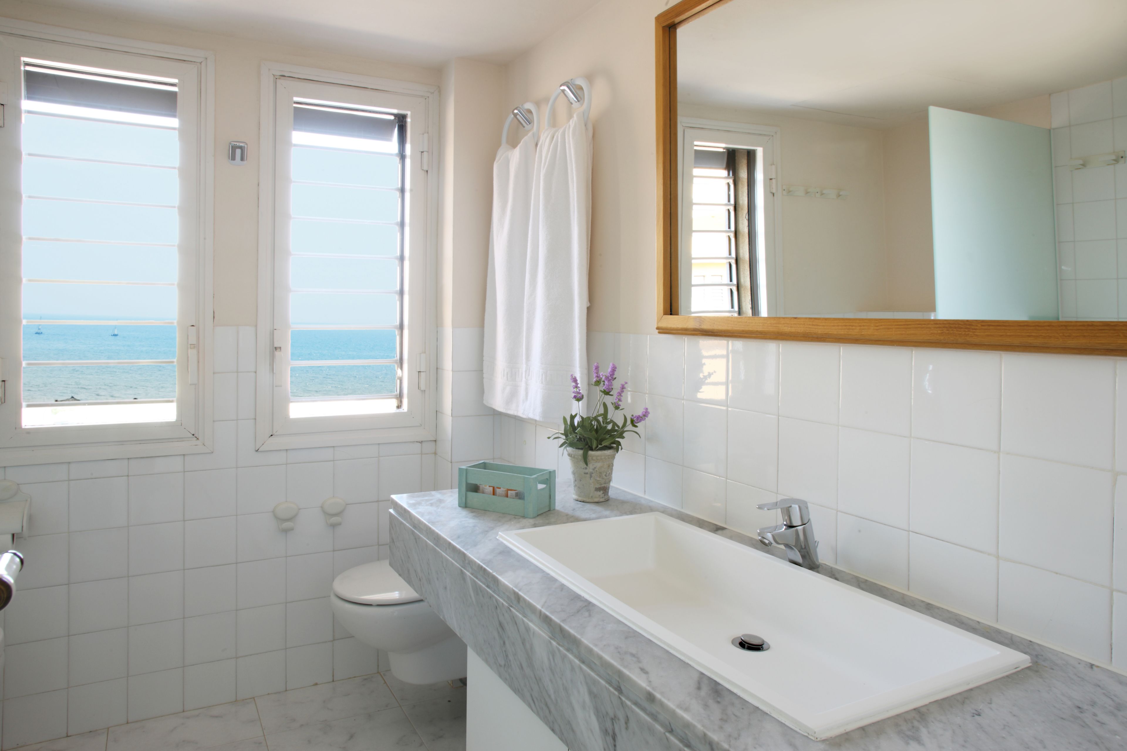 A bathroom with a large white sink, a mirror, and a view of the sea through the windows.