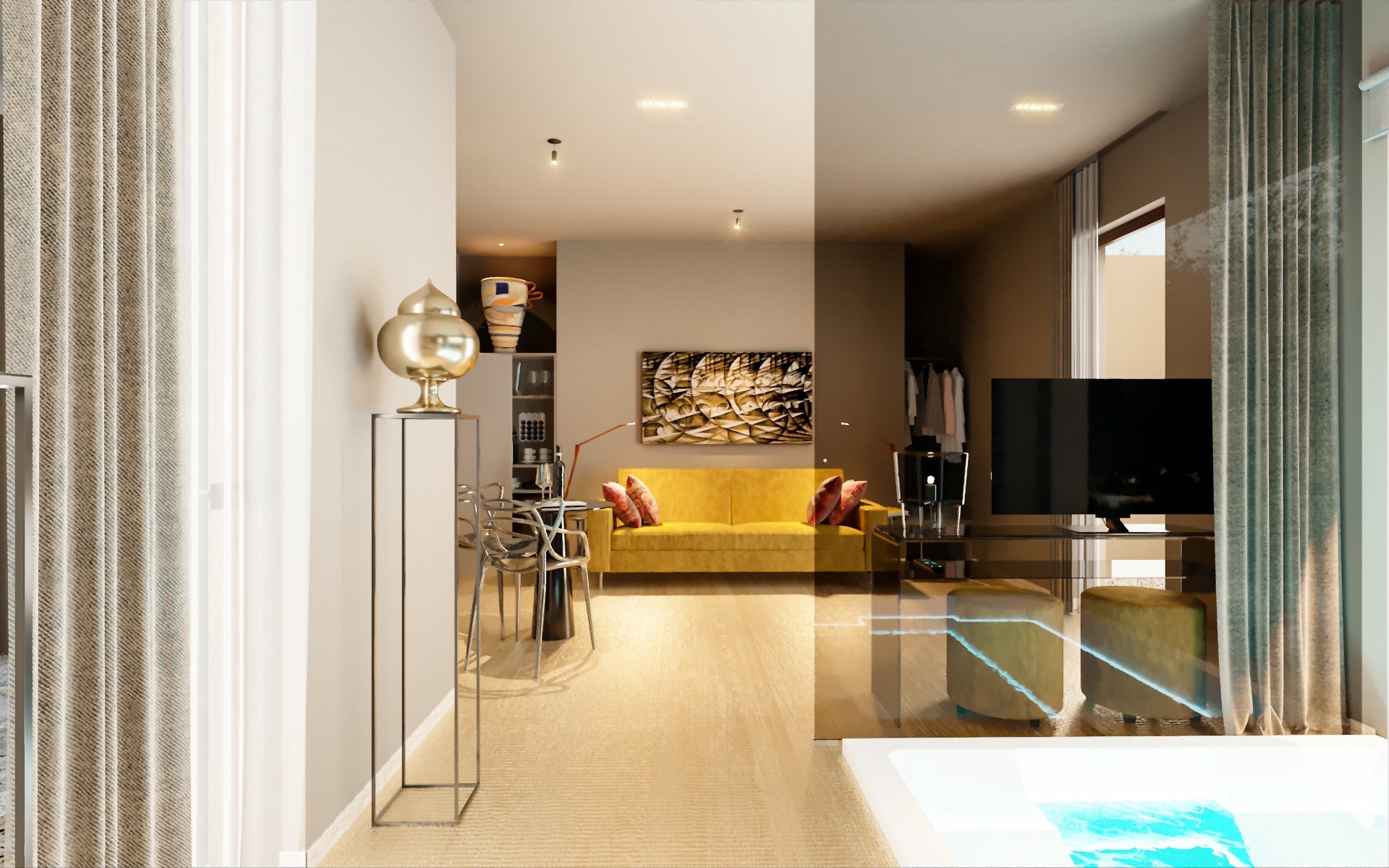 Una sala moderna con un sofá amarillo, una mesa de centro de vidrio y un televisor de pantalla plana.