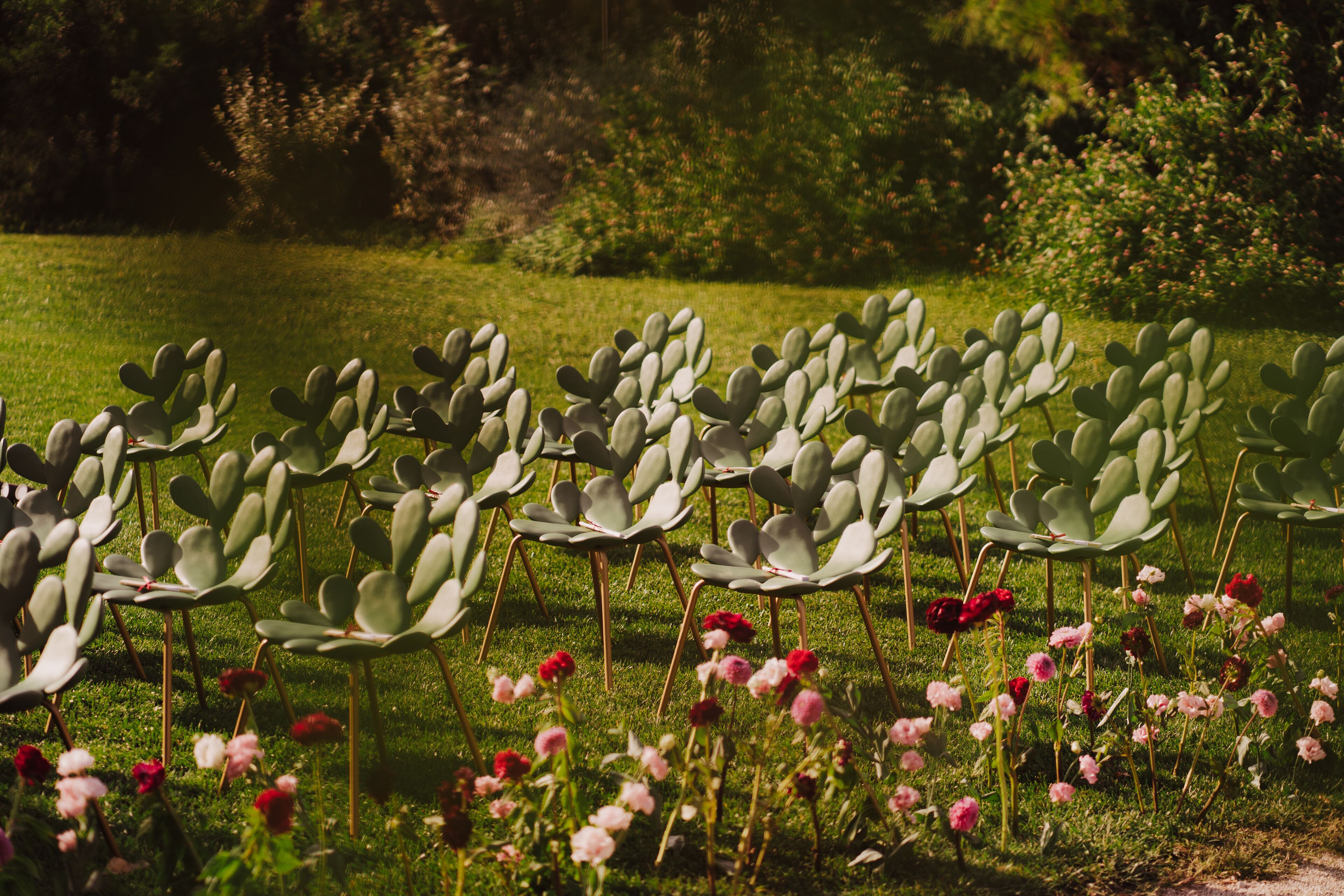 Rijen stoelen met een groen gazon en roze bloemen op de voorgrond.