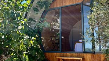 Une structure circulaire moderne en bois, dotée d’une entrée en verre, d’escaliers en bois menant à l’intérieur et offrant une vue sur l’espace intérieur à travers le verre.