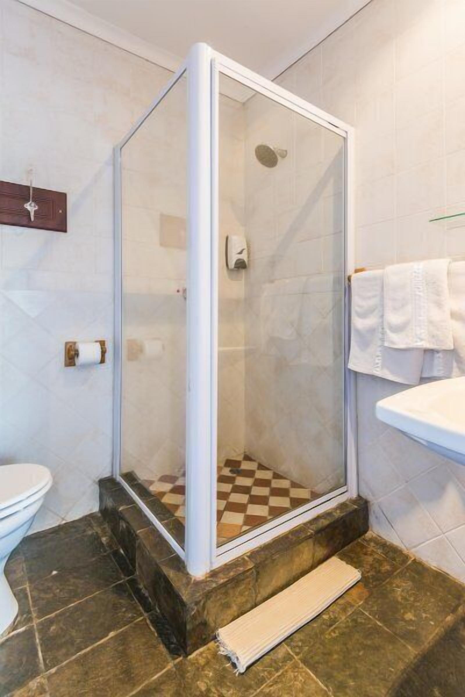 A bathroom with a glass-enclosed shower, a toilet, and a towel rack.