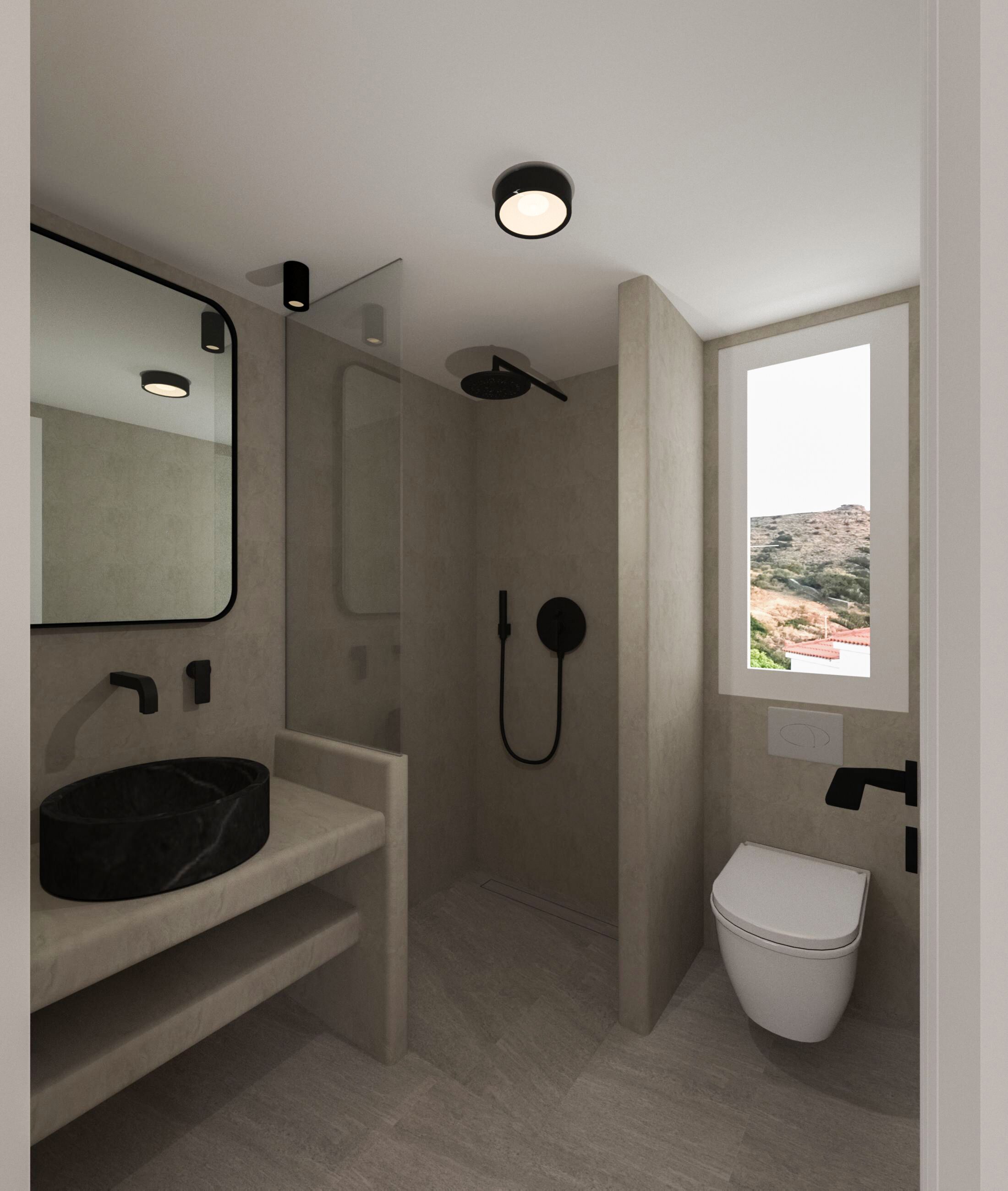 Een moderne badkamer met een grote spiegel, een zwart wastafel, een douche met handdouche en een toilet.
