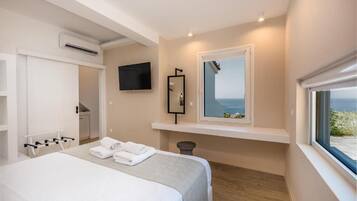 A bedroom with a bed, a TV, a window with a view, a mirror, and a shelf.