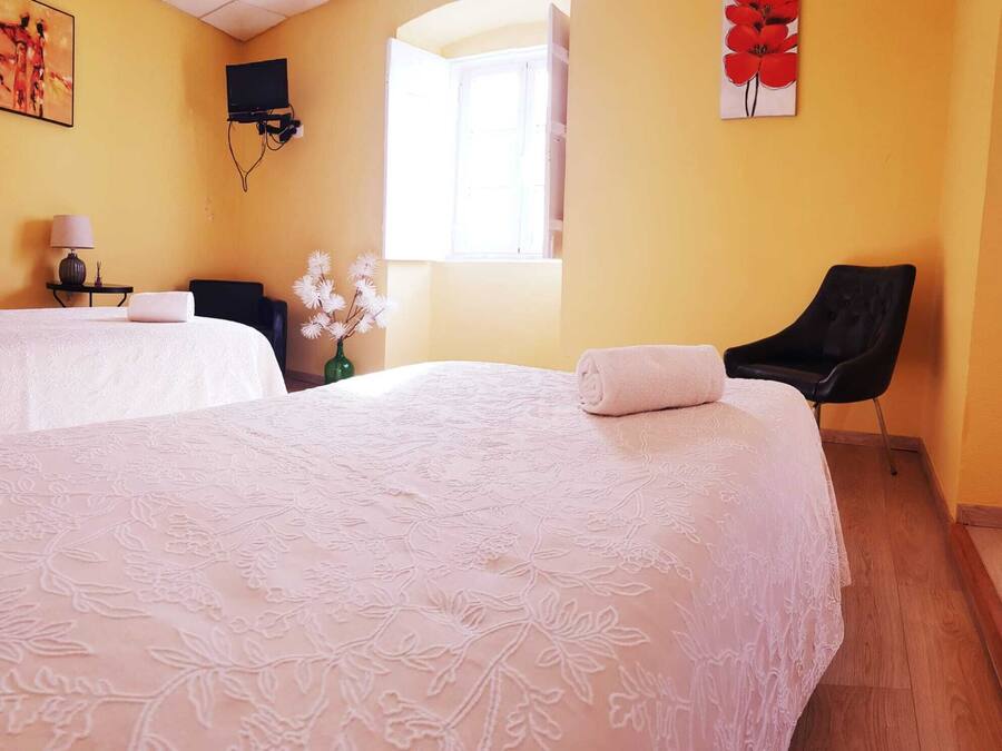 A hotel room with two beds, a TV, a window, a chair, and a vase with flowers.