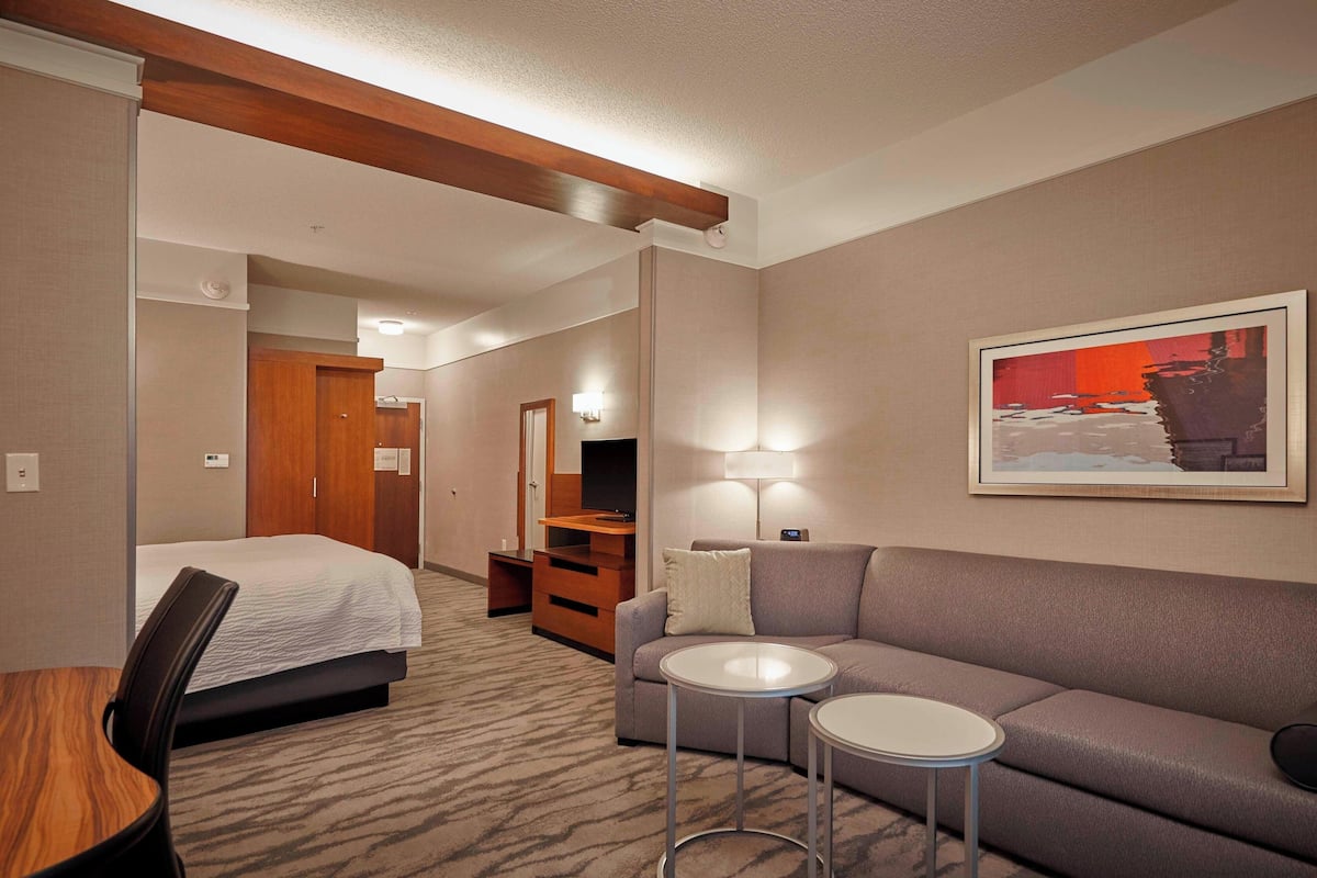 Habitación de hotel con cama, sofá, dos mesitas, televisión y un cuadro en la pared.