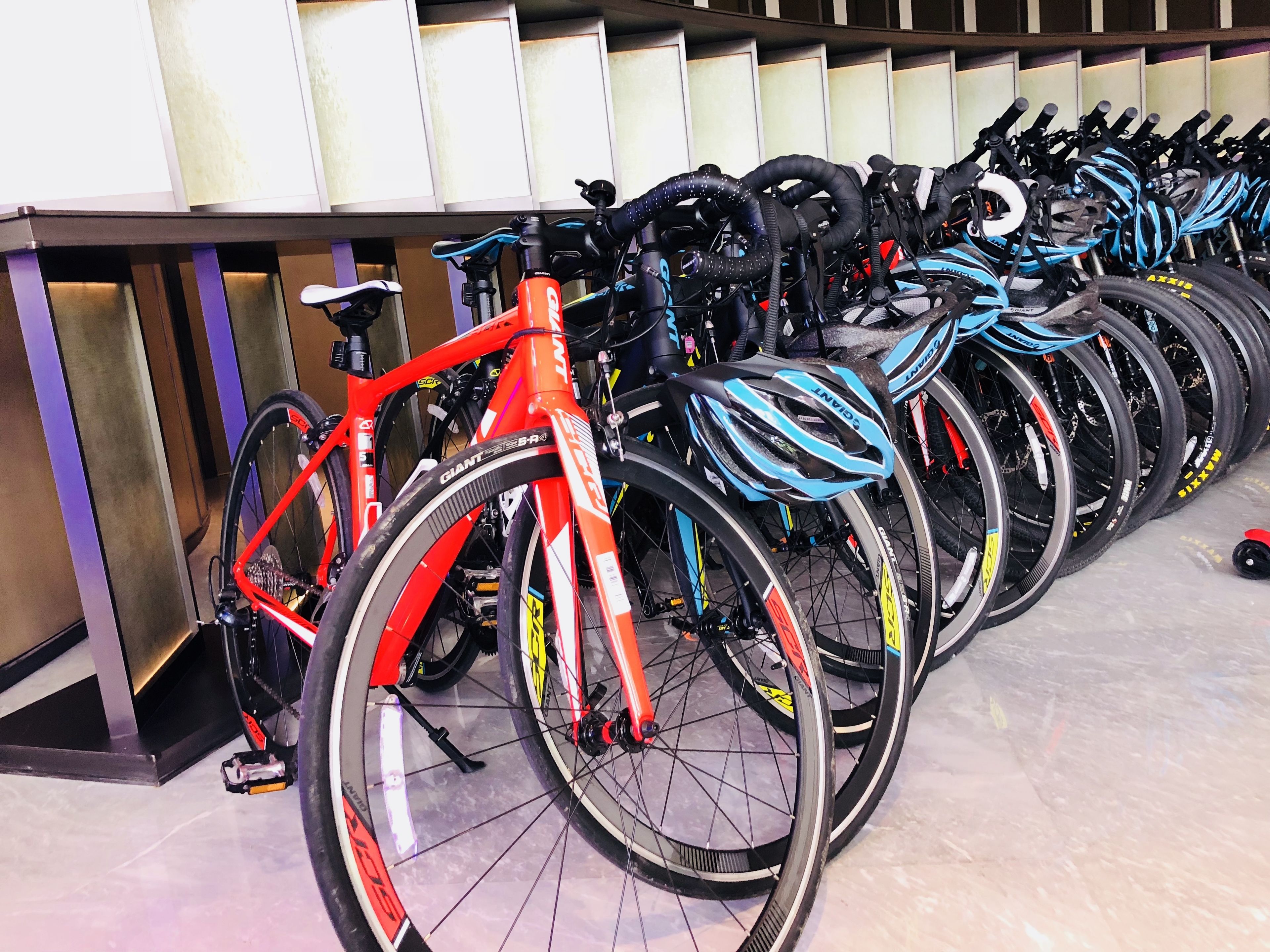 Una filera de bicicletes amb cascs i ampolles d'aigua, aparcades en un espai amb sòl de rajola i una barana metàl·lica de fons.
