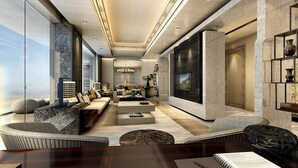 A modern living room with a sofa set, coffee table, and a fireplace. - Renaissance Suzhou Taihu Lake Hotel (Suzhou)