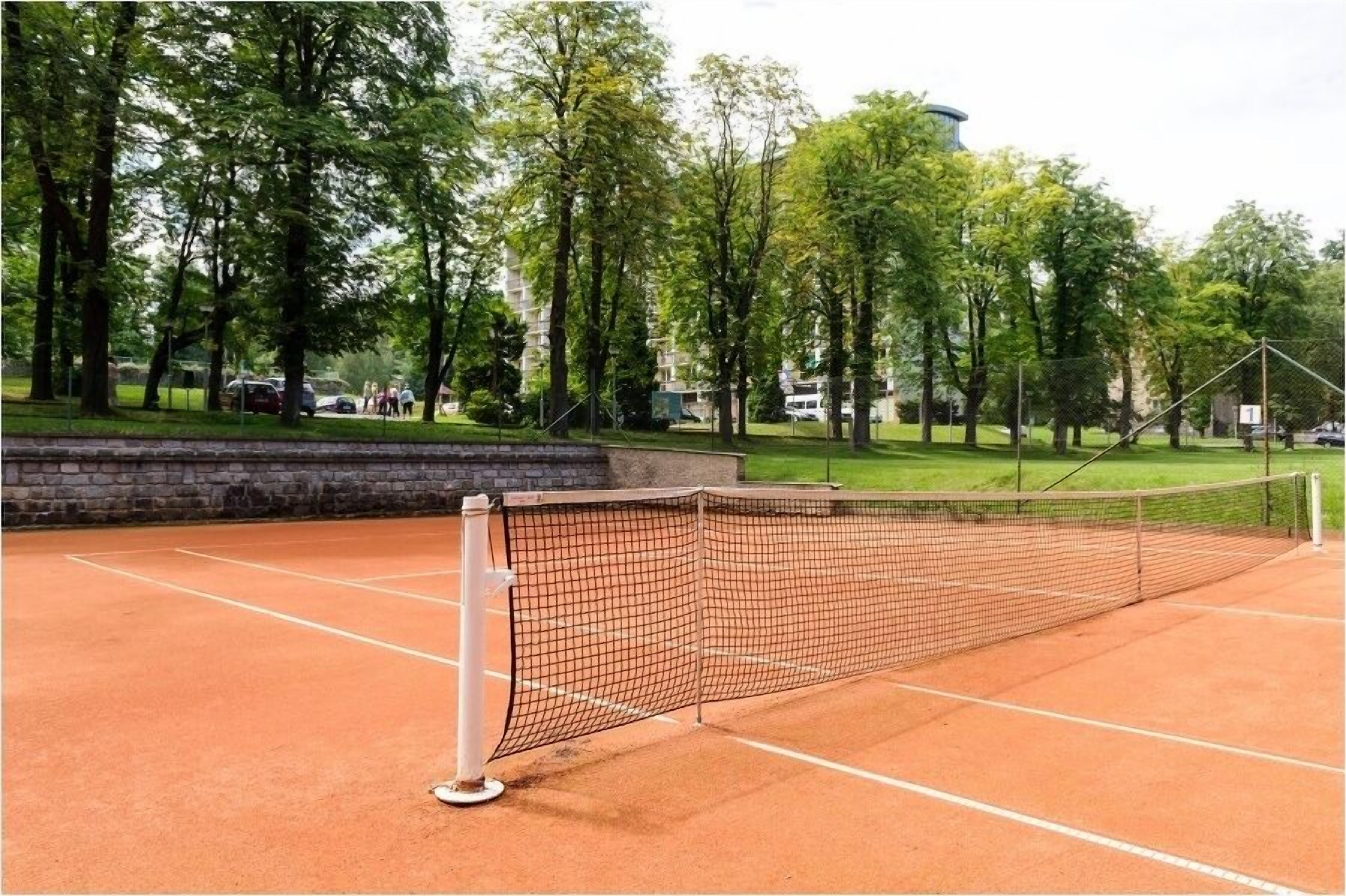 A tennis court with a net, surrounded by trees and a stone wall.