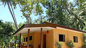 A single-story house with a porch, surrounded by tropical vegetation and palm trees.