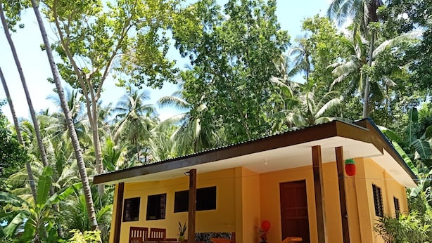 A single-story building with a flat roof, surrounded by lush greenery and palm trees.