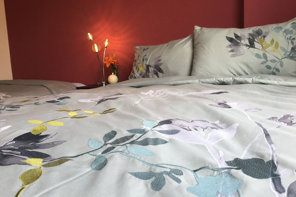 twin room, 2 queen beds, shared bathroom | iron/ironing board, free wifi, bed sheets