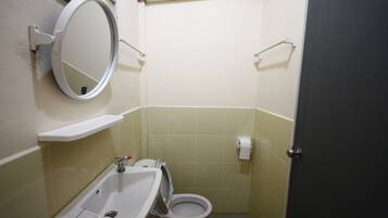 A small bathroom with a sink, toilet, and mirror.
