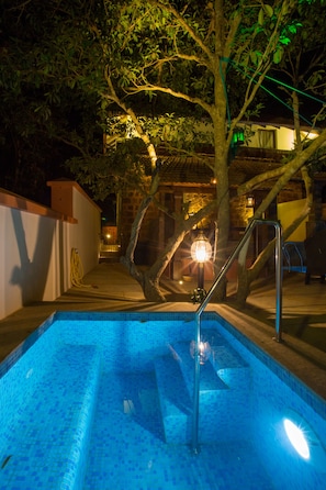 A swimming pool with a metal ladder, surrounded by trees and a building with a tiled roof.