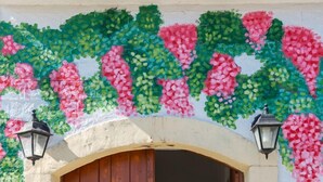 A rustic wooden door with a white wall above it, featuring a decorative vine pattern.