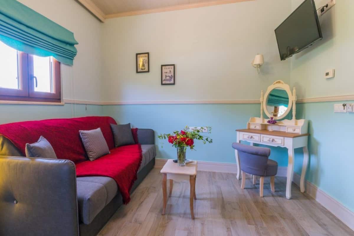 A cozy room with a sofa, a small table with a vase of flowers, a vanity with a mirror, and a television on the wall.