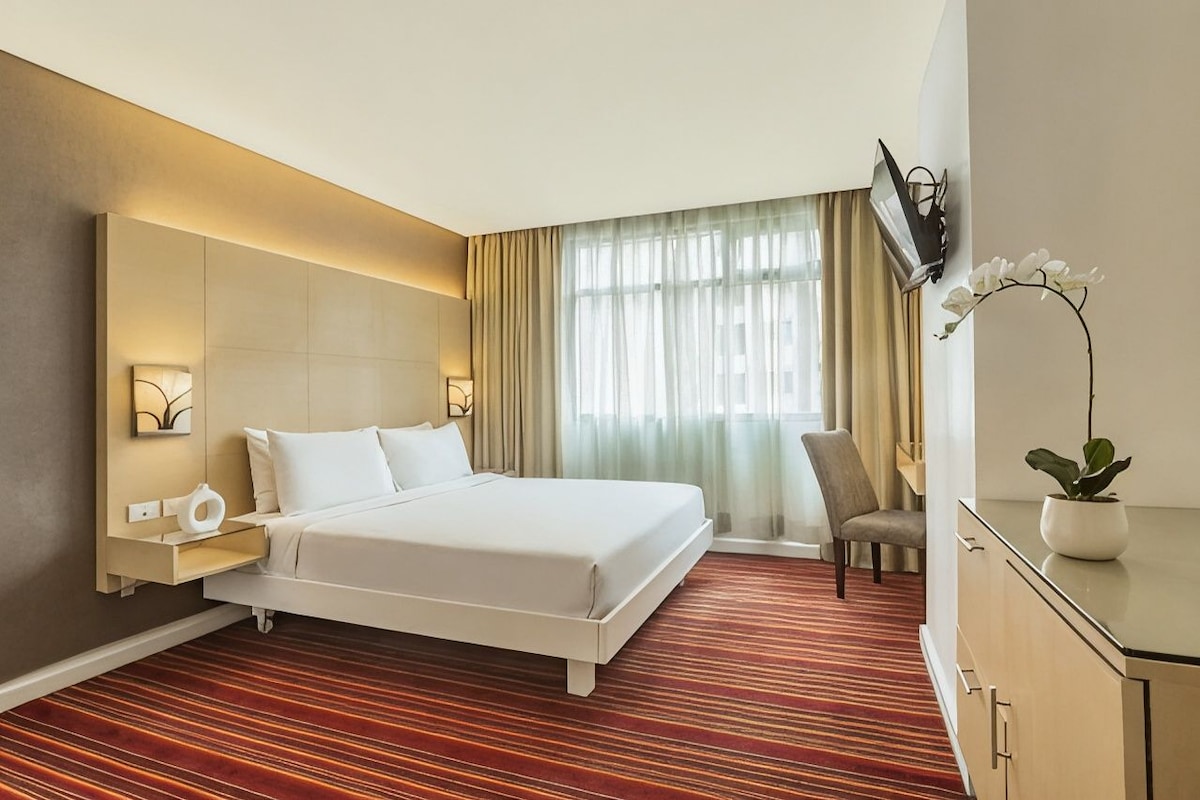Een hotelkamer met een bed, nachtkastje, stoel, televisie en een potplant.