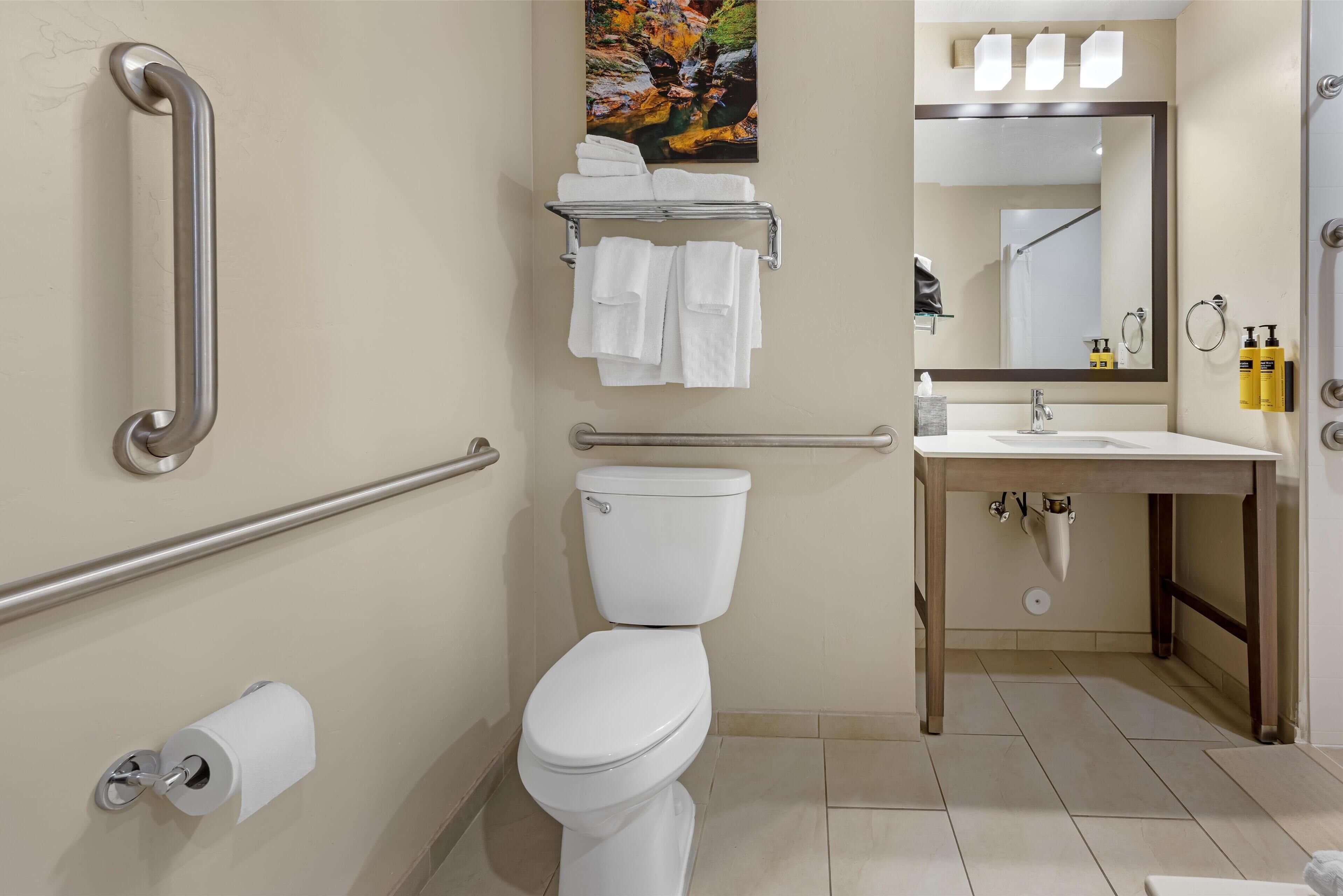 A bathroom with a toilet, handrails, a sink, and a towel rack.
