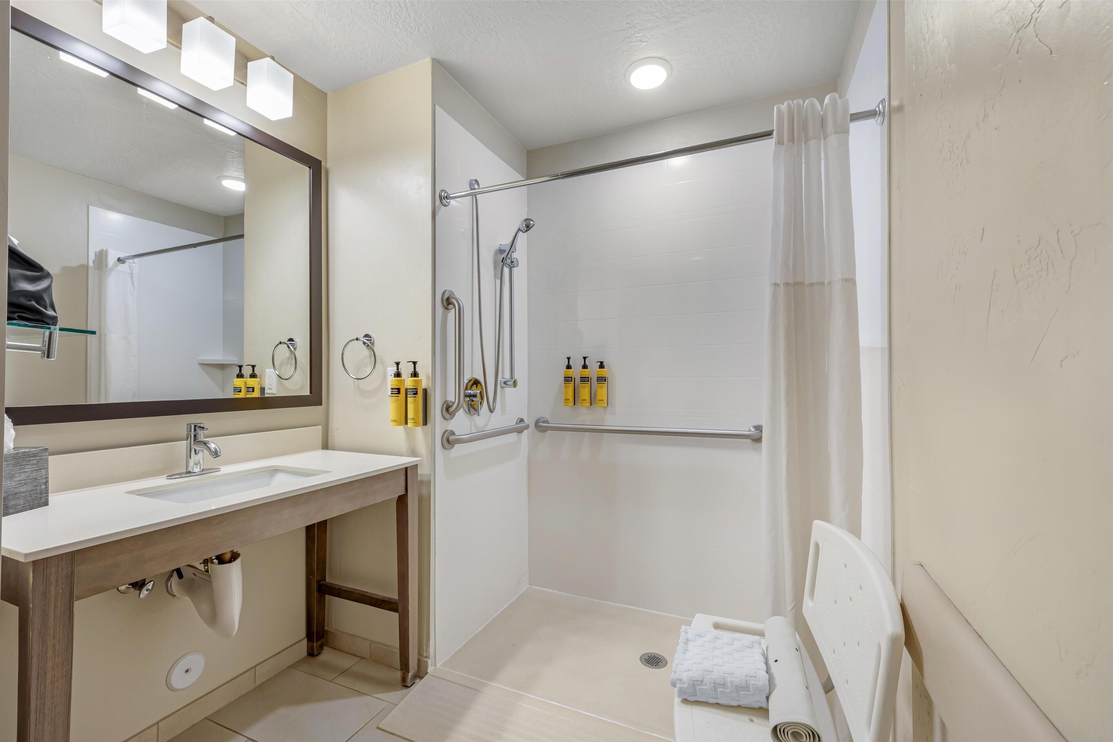 standard room, 2 queen beds, accessible, patio | bathroom | combined shower/bathtub, free toiletries, hair dryer, towels