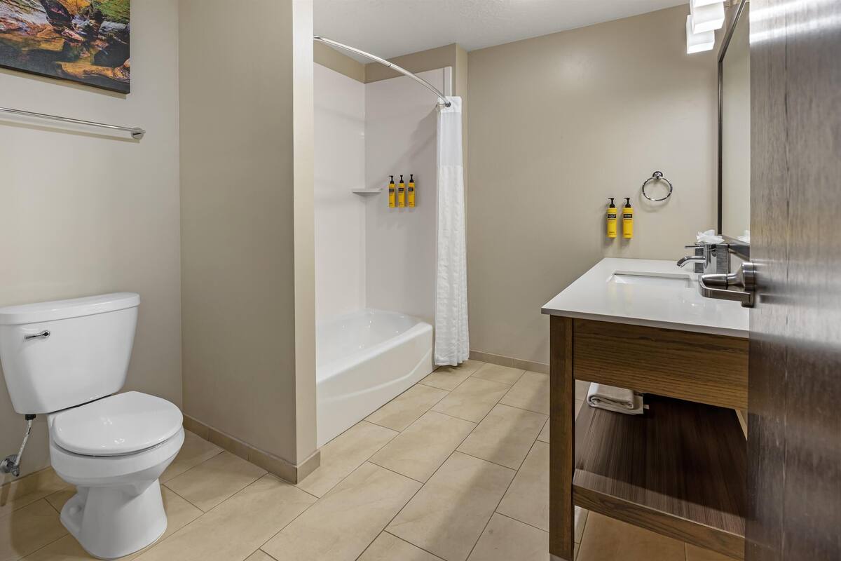family suite, multiple beds, non smoking, refrigerator & microwave | bathroom | combined shower/bathtub, free toiletries, hair dryer, towels