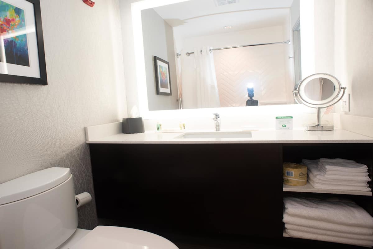 A modern bathroom with a toilet, sink, and a large mirror.