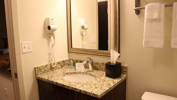 Combined shower/bathtub, free toiletries, hair dryer, towels