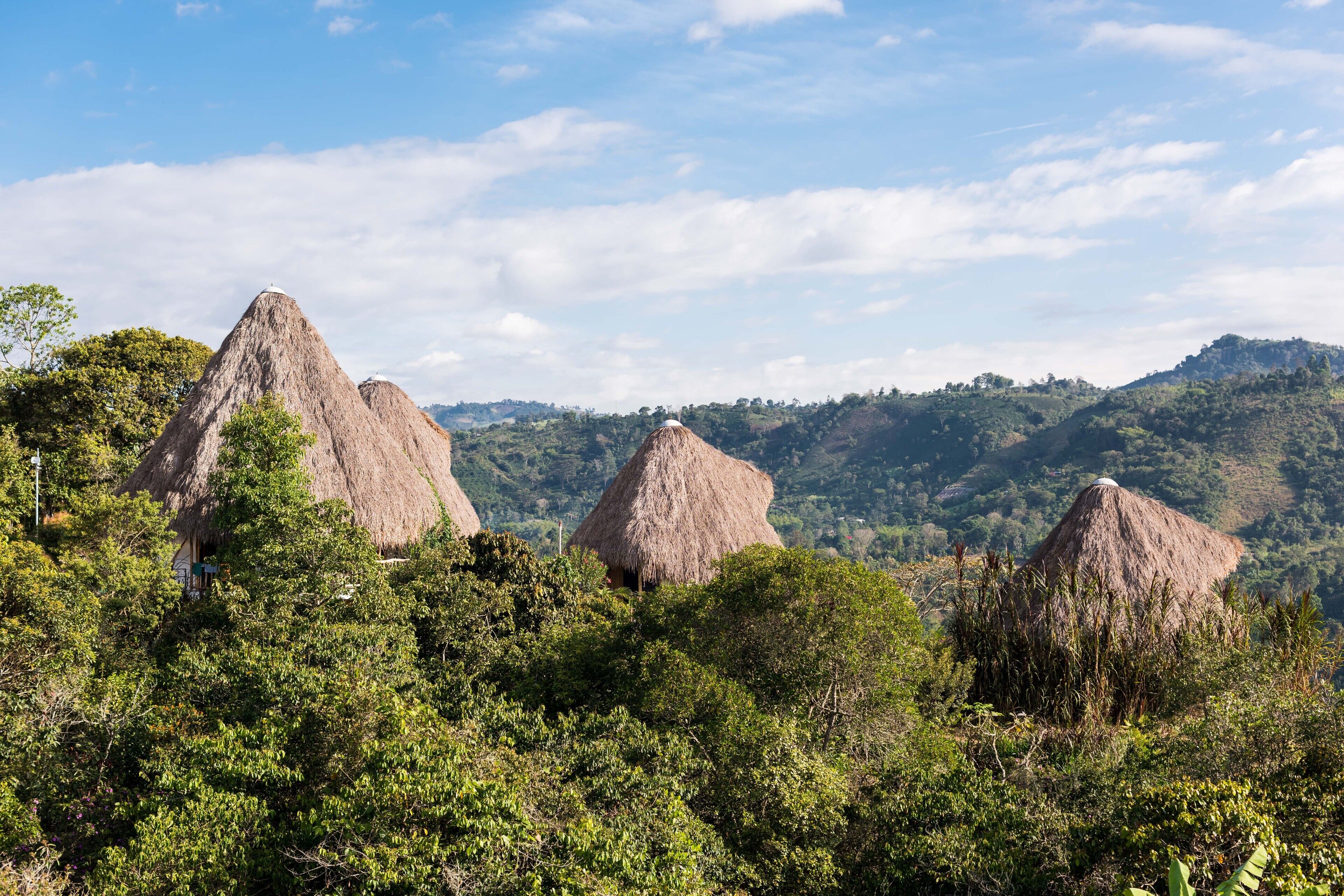 A view of a mountainous landscape with thatched-roof huts nestled among dense greenery.
