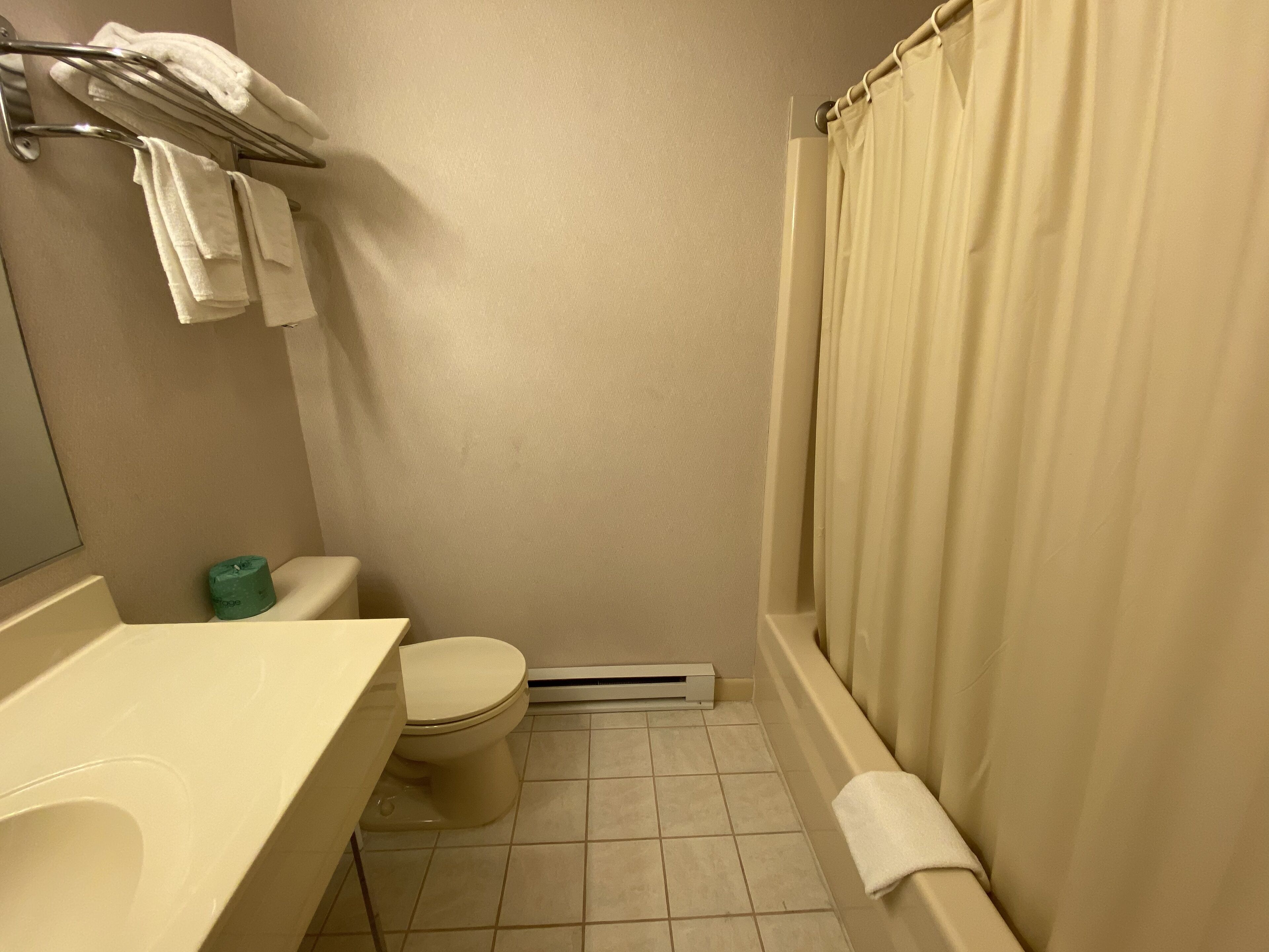 Et lille badeværelse med toilet, vask og bruseforhæng.