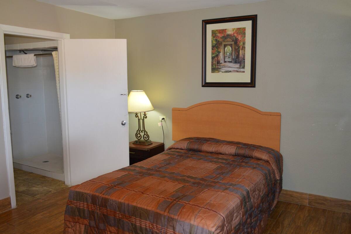 Une chambre d’hôtel avec un lit, une table de chevet, une lampe, un tableau encadré au mur et un dressing.