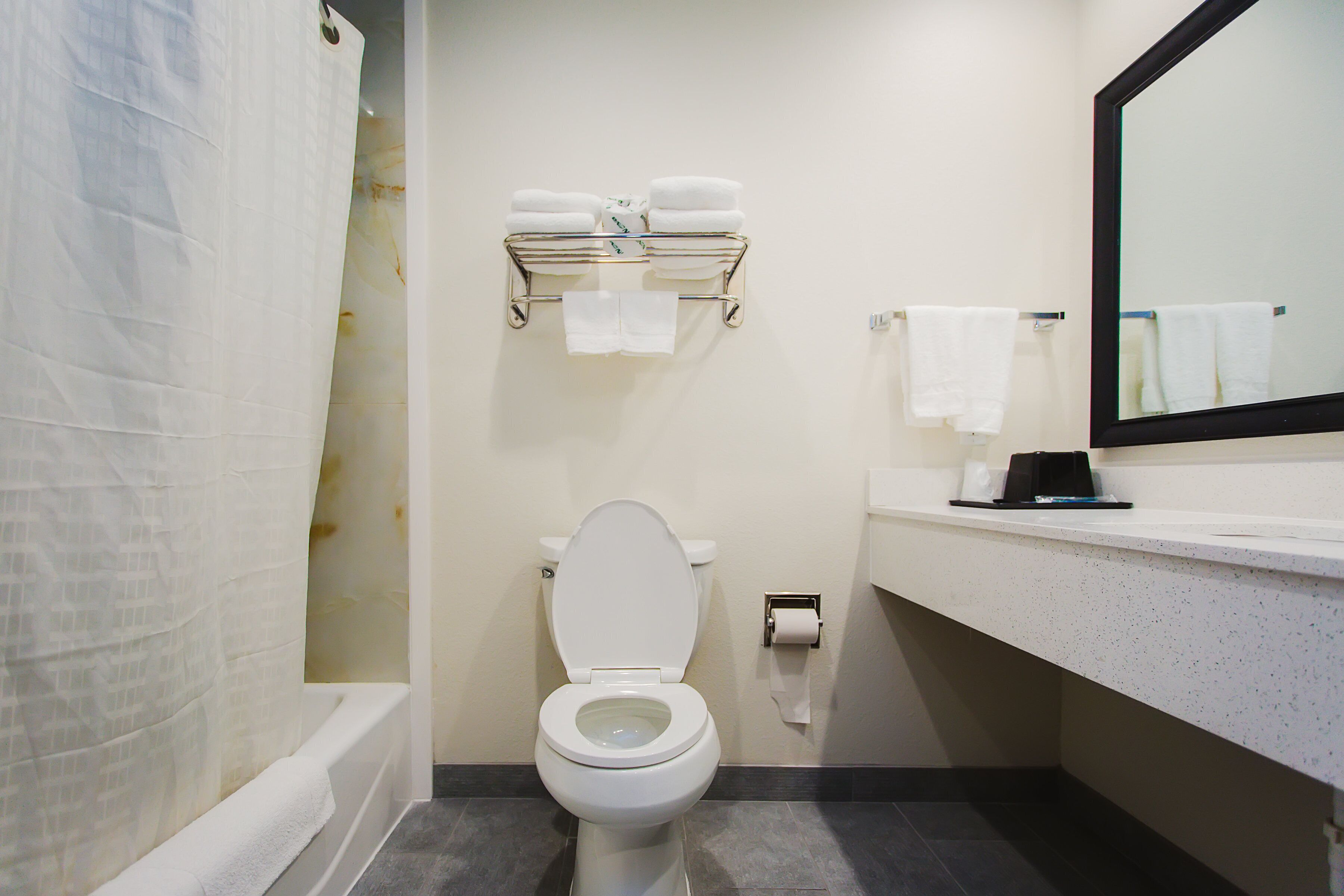 A bathroom with a toilet, a towel rack with towels, a mirror, and a shower curtain.