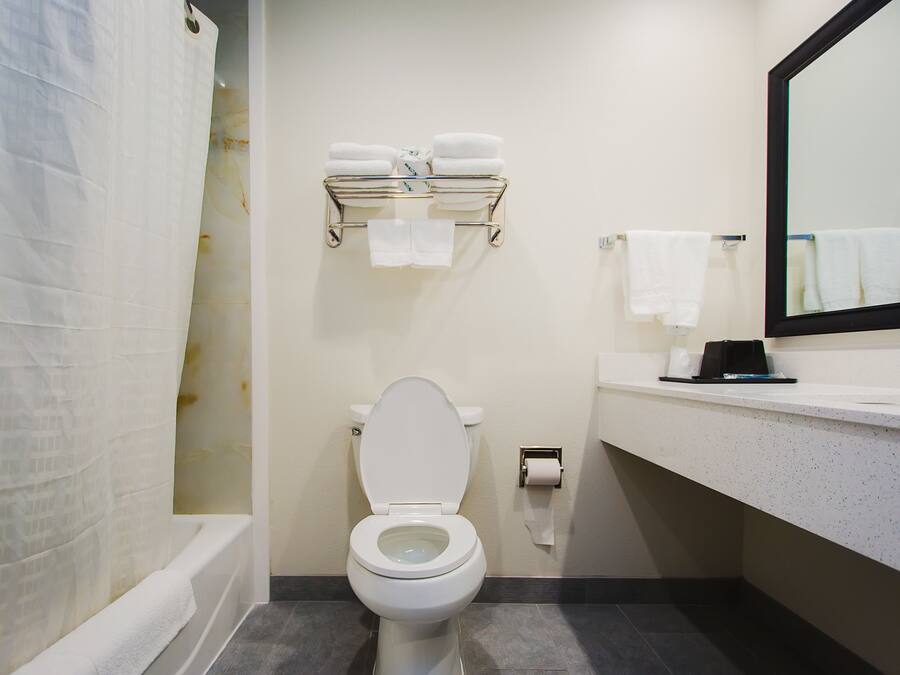 A bathroom with a toilet, a towel rack with towels, a mirror, and a shower curtain.