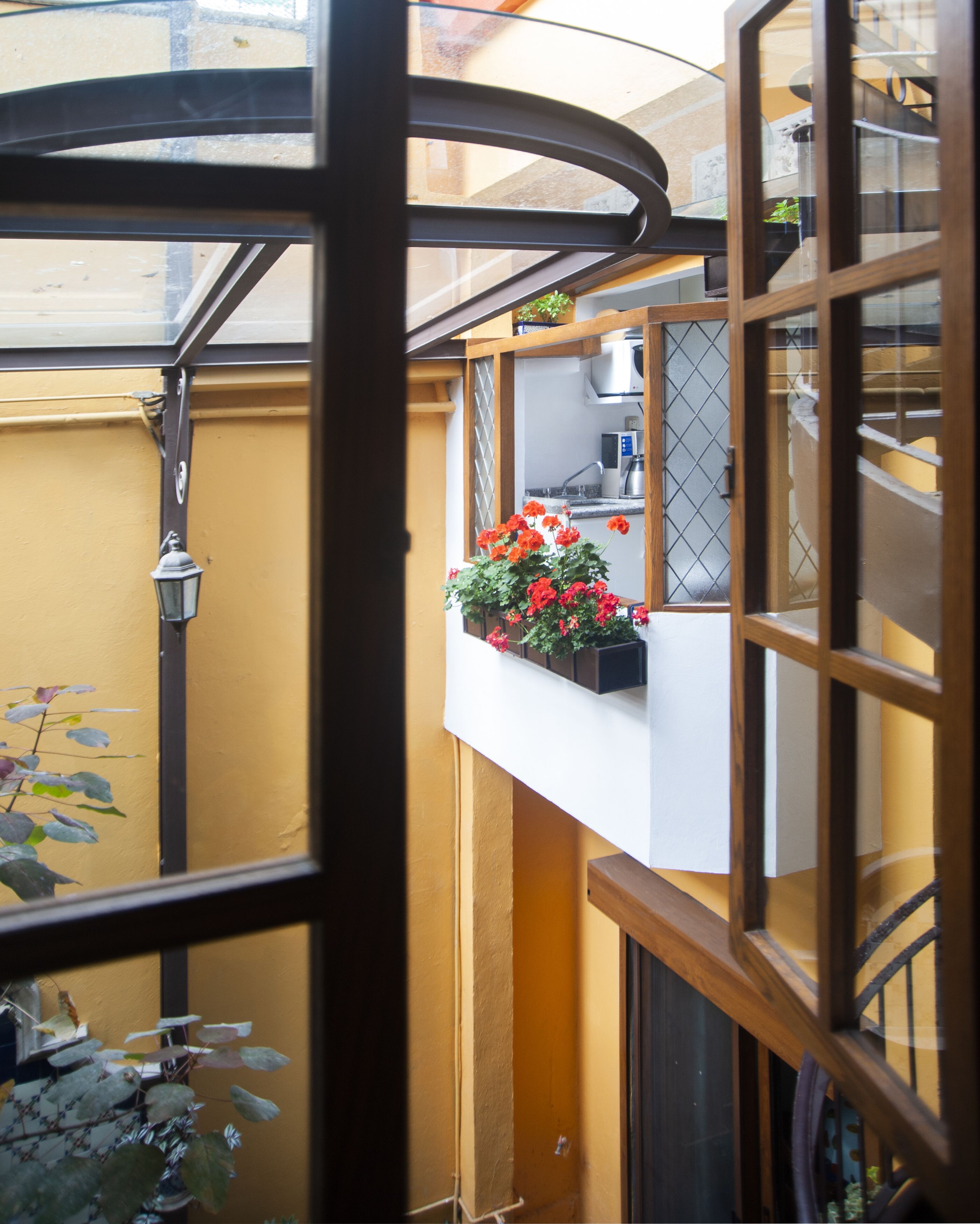 Udsigt gennem et vindue med en balkon, med en lille plante og et glimt af et tekøkken.