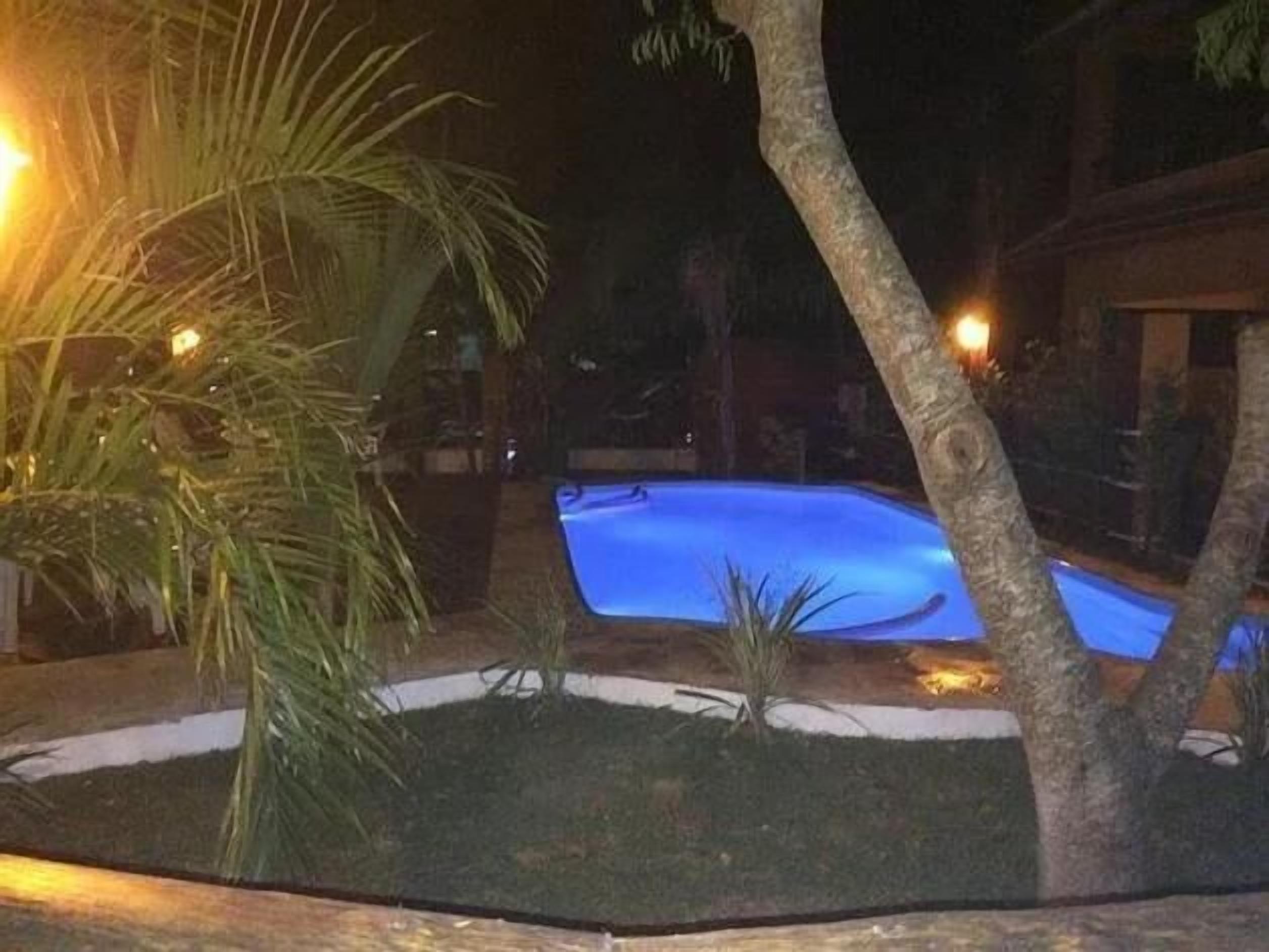 A nighttime view of a swimming pool surrounded by trees and a building.
