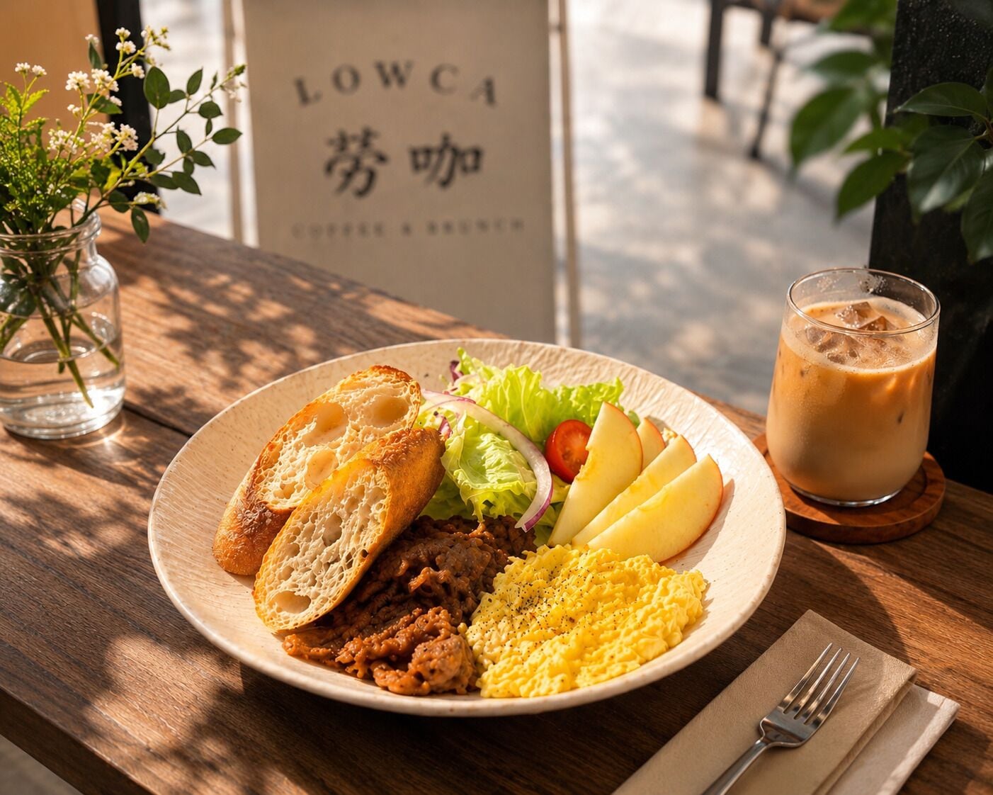 A plate of food with bread, salad, and scrambled eggs, a glass of iced coffee, and a sign with foreign text.